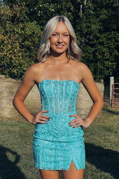 Strapless Blue Appliques Bodycon Short Dress