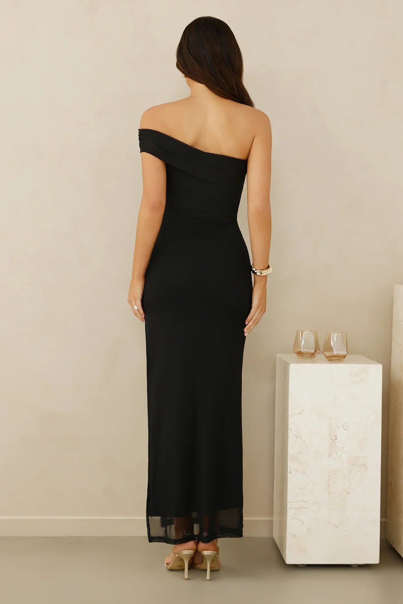 Berry Fresh Mesh One Shoulder Maxi Dress Black