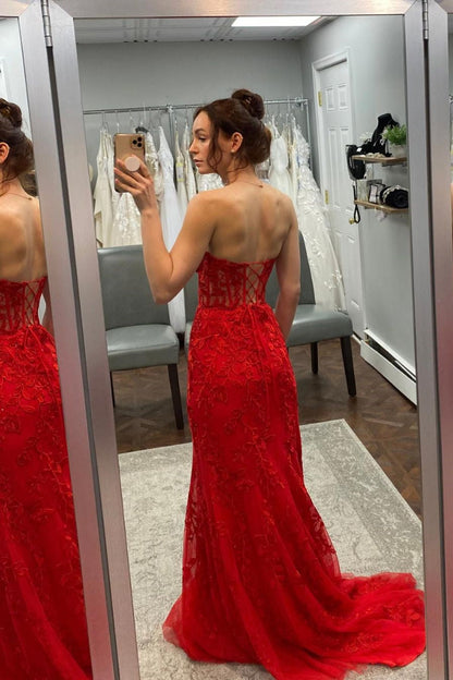 Strapless Black Lace Mermaid Long Prom Dress