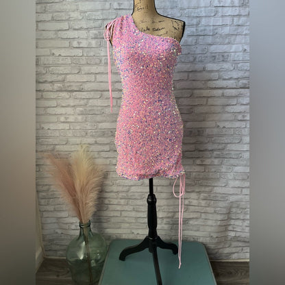 Ruched One Shoulder and Hem Pink Sequin Mini Dress