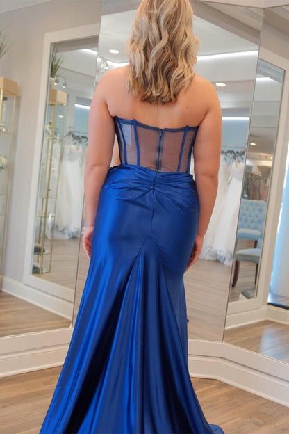 Ruched Cowl Neck Blue Satin Mermaid Formal Dress