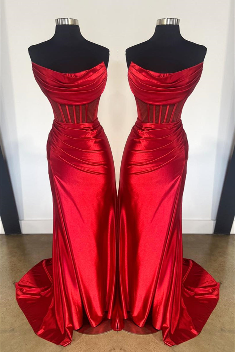 Ruched Cowl Neck Blue Satin Mermaid Formal Dress