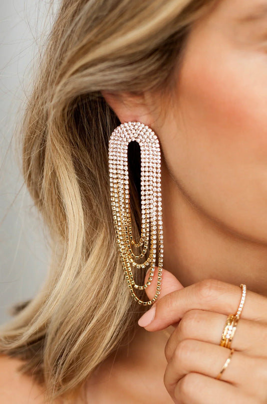 Crystal Drape Fringe Earrings - Gold