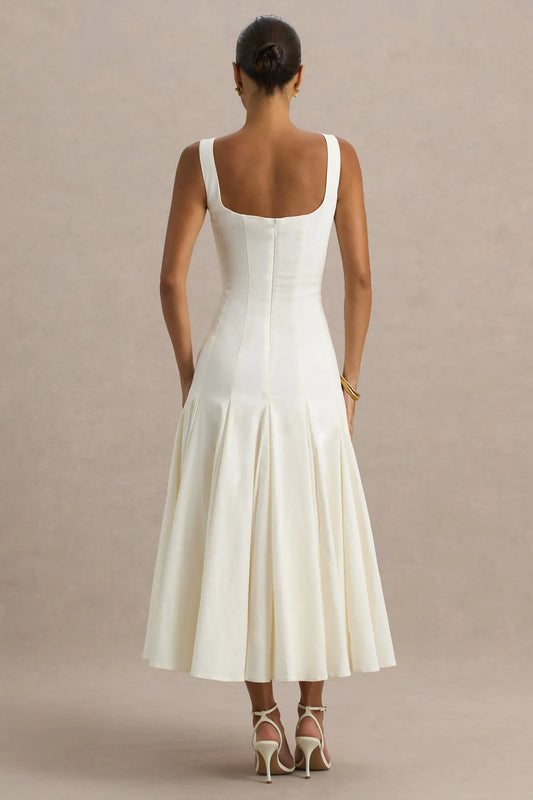 Magnolia | White Scoop-Neck Midi Dress With Drop-Waist And Ruffling Detail