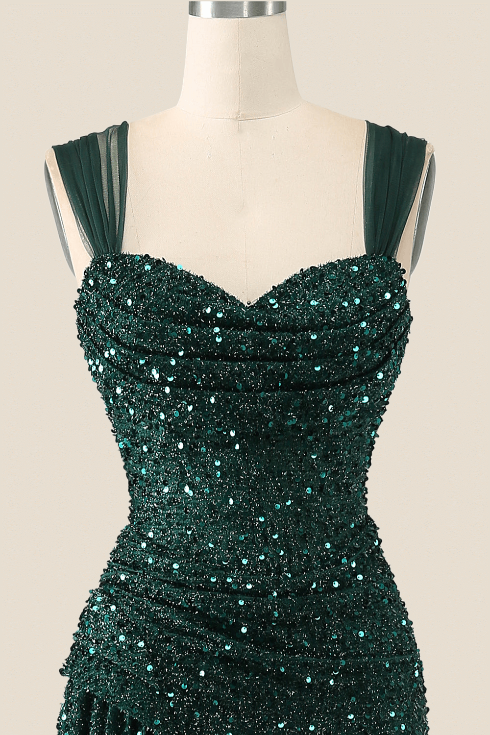 Ruched Dark Green Sequin Mermaid Long Evening Dress