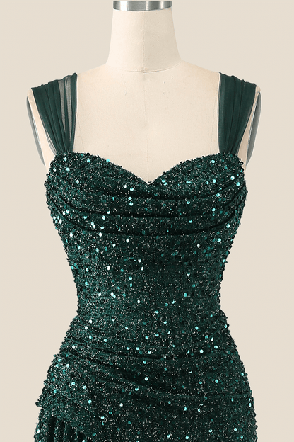 Ruched Dark Green Sequin Mermaid Long Evening Dress
