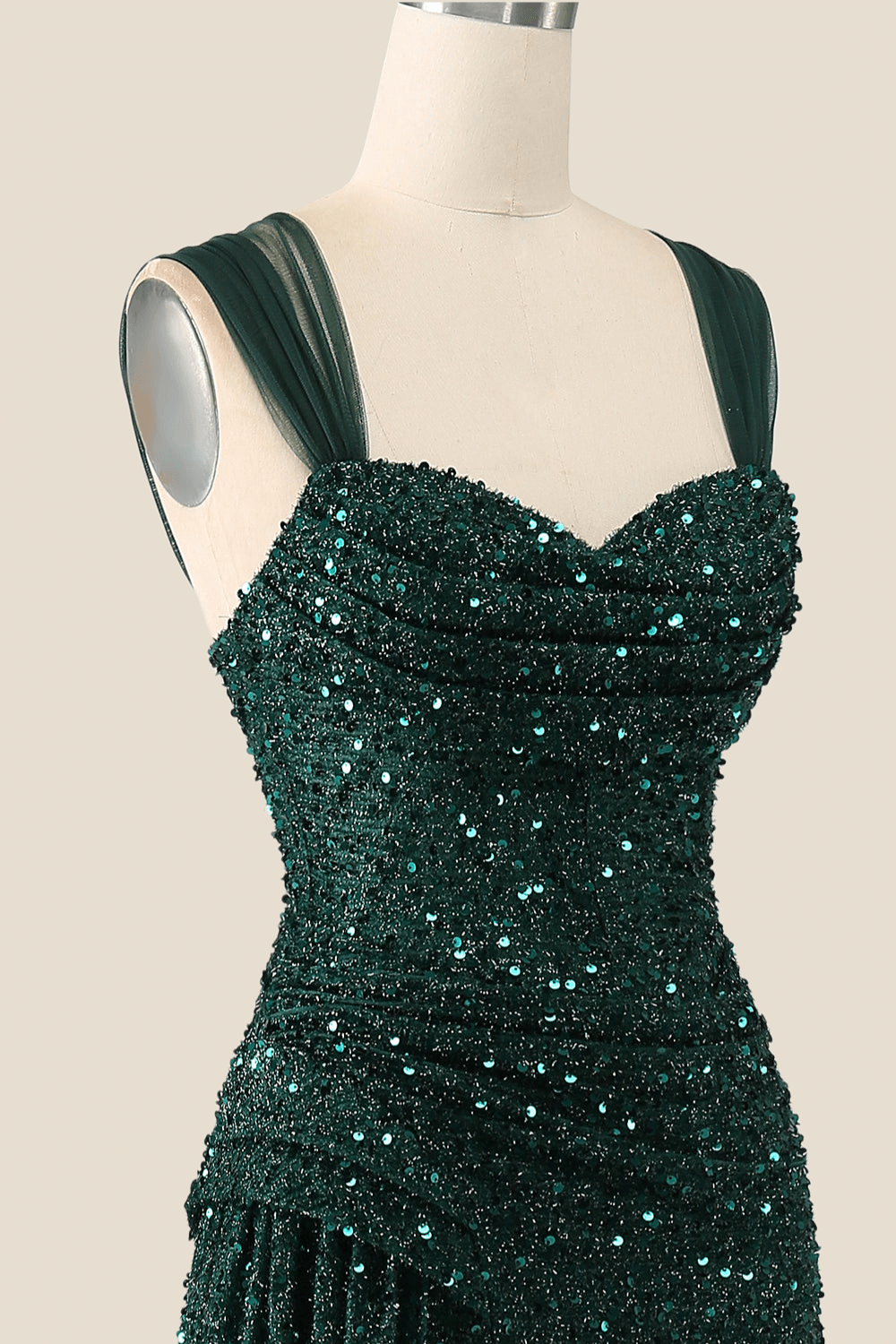 Ruched Dark Green Sequin Mermaid Long Evening Dress