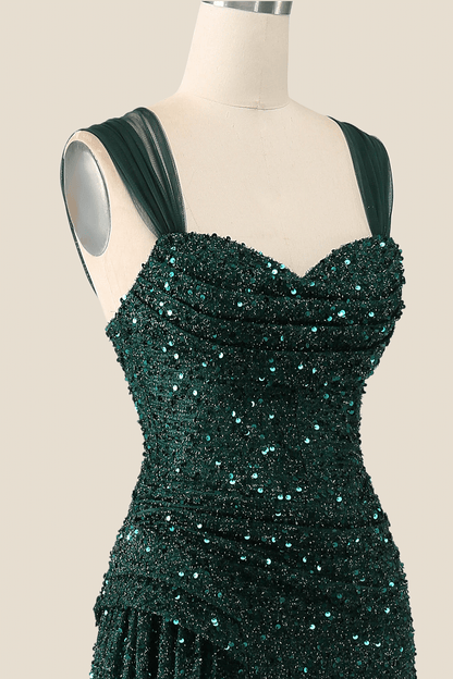 Ruched Dark Green Sequin Mermaid Long Evening Dress