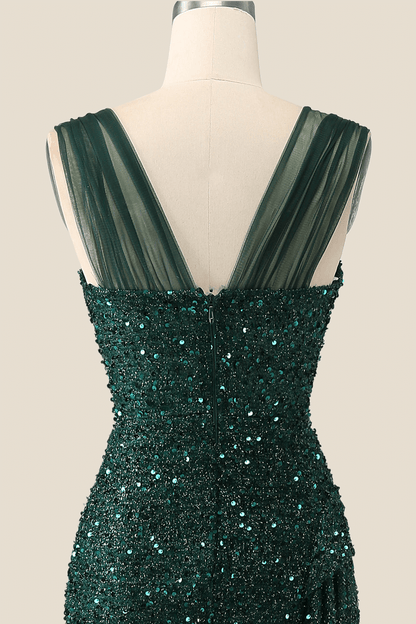 Ruched Dark Green Sequin Mermaid Long Evening Dress
