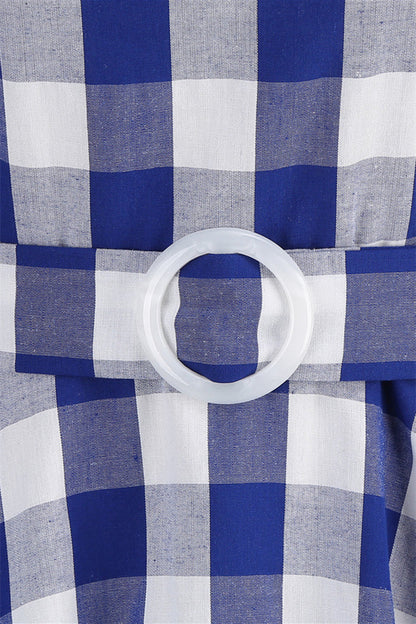 Deep V Neck Pink Plaid Gingham Swing Dress with Belt