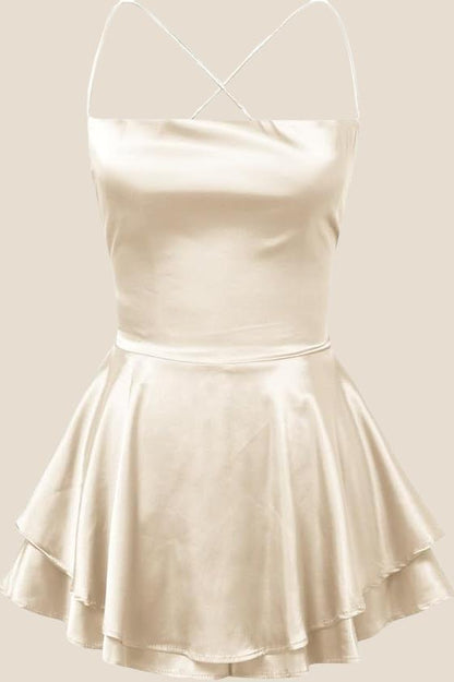 Straps White Lace-up Back Tiered Mini Dress