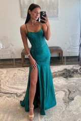 Spaghetti Straps Green Satin Mermaid Prom Dress