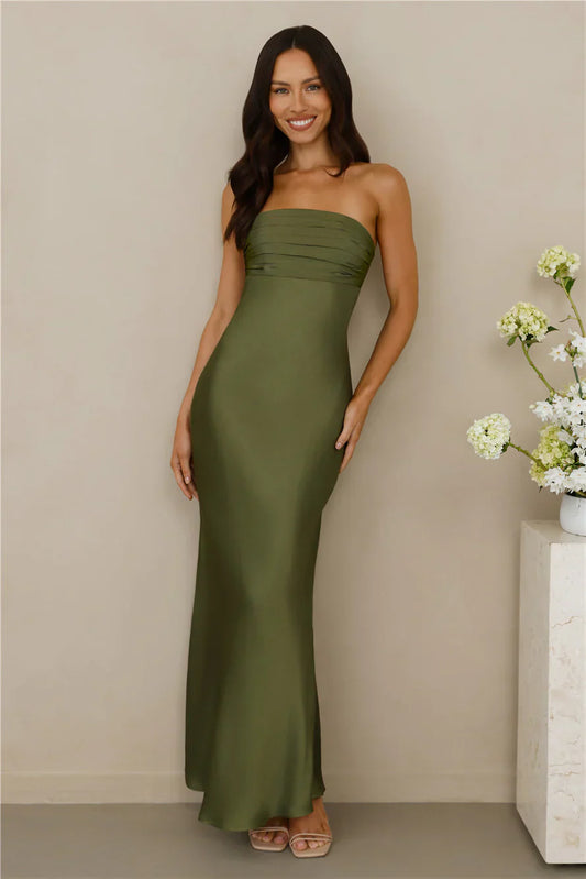 The Seraphina Strapless Satin Maxi Dress Olive