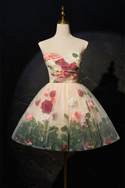 Scoop Champagne Floral A-line Short Party Dress