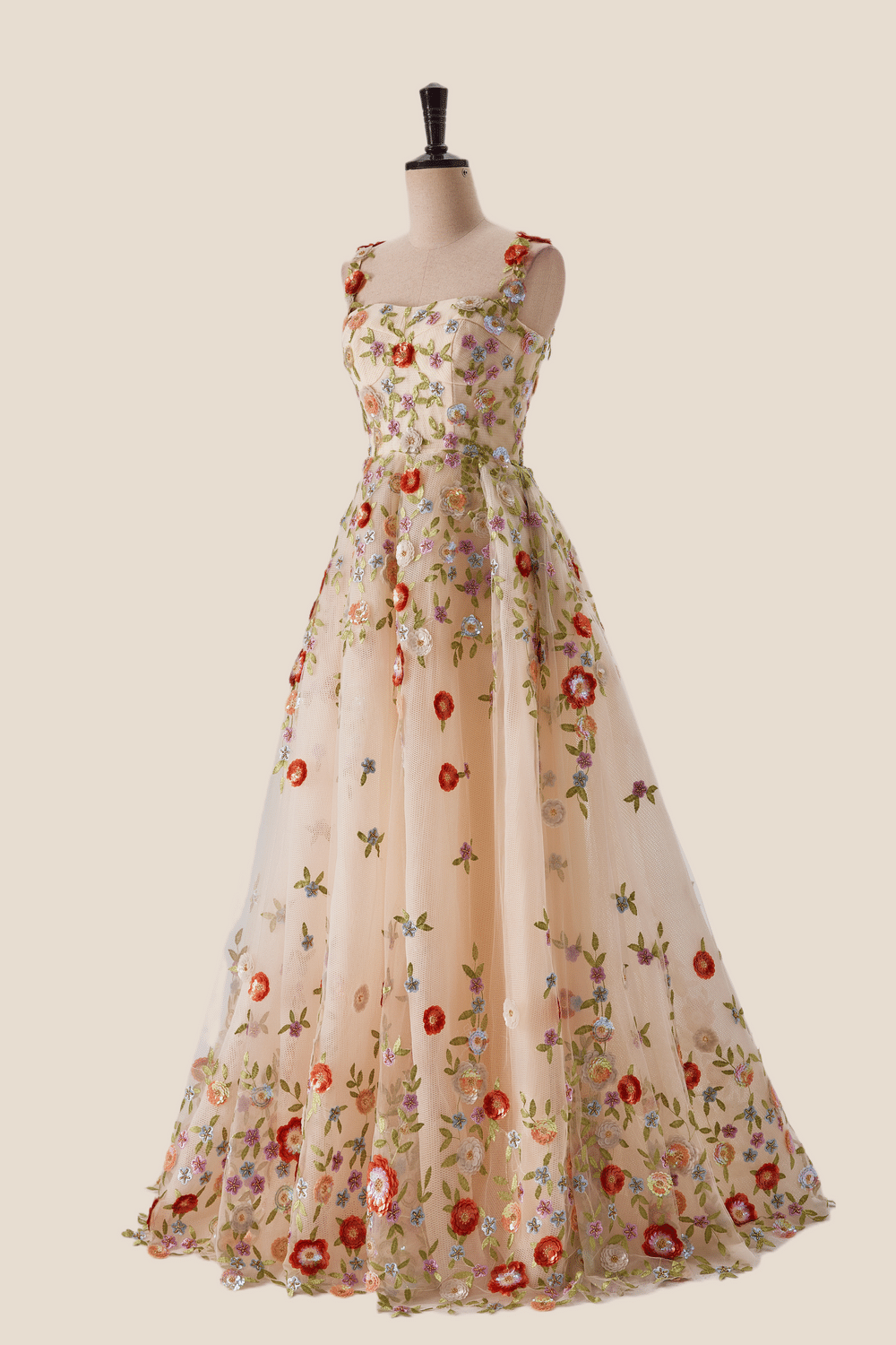 Sequin Floral Embroidered A-line Long Formal Gown
