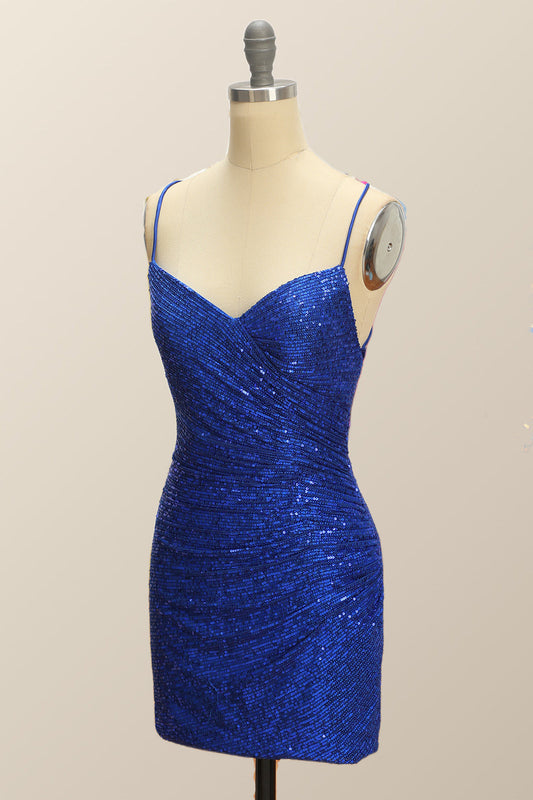 Straps Royal Blue Sequin Tight Mini Dress
