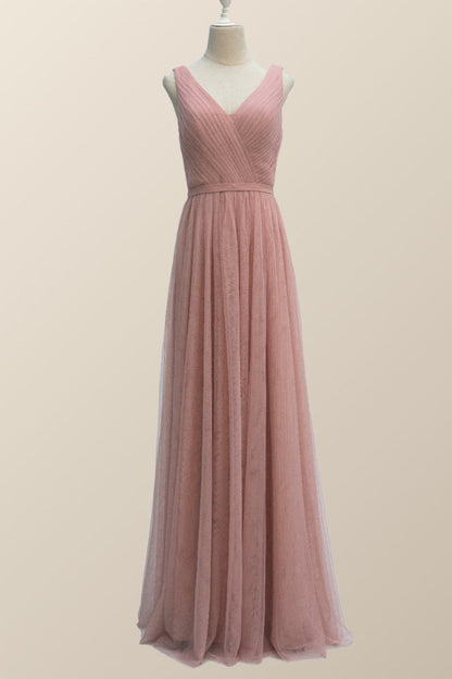V Neck Plush Pink Tulle Long Bridesmaid Dress