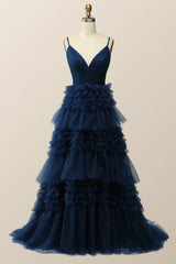 Light Blue Tiered Ruffle Long Ball Gown with Straps