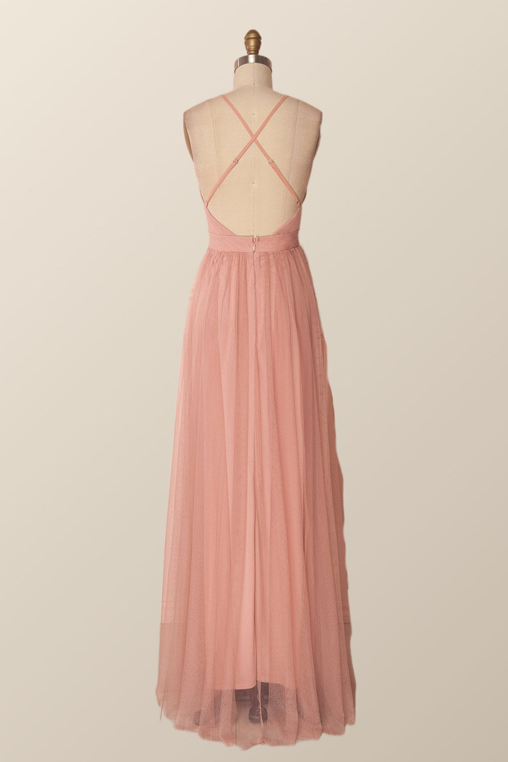 Plunge Pink Tulle A-line Long Formal Dresss