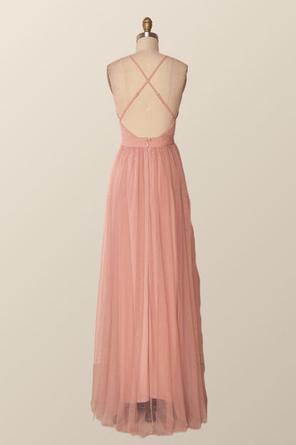 Plunge Pink Tulle A-line Long Formal Dresss