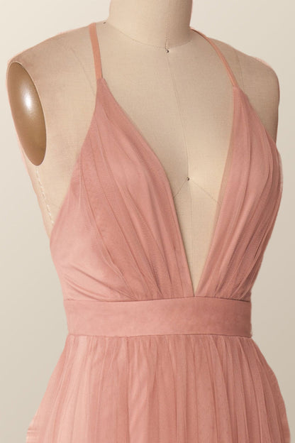 Plunge Pink Tulle A-line Long Formal Dresss