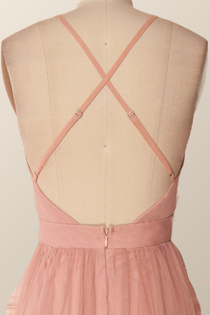 Plunge Pink Tulle A-line Long Formal Dresss