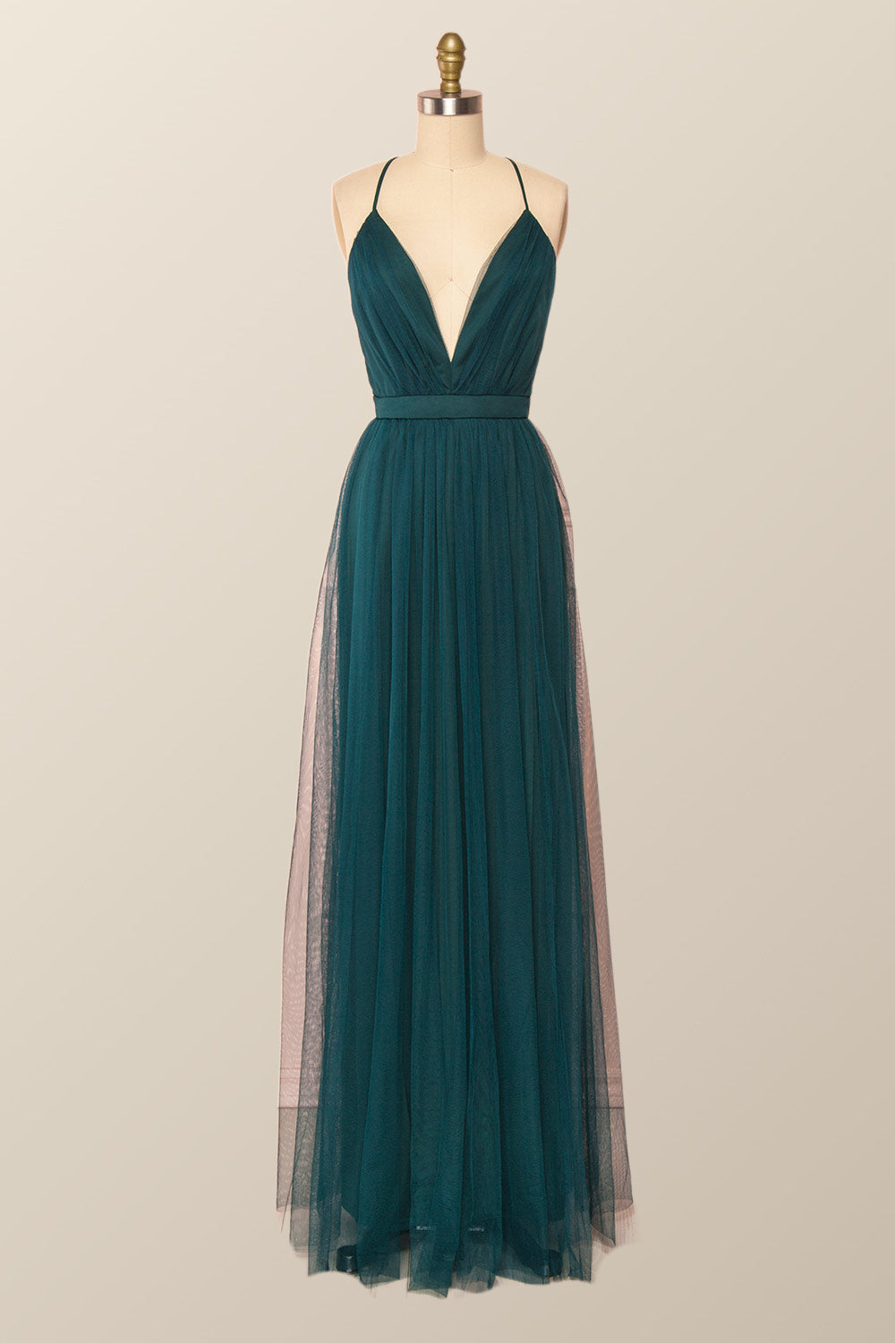 Plunge Pink Tulle A-line Long Formal Dresss