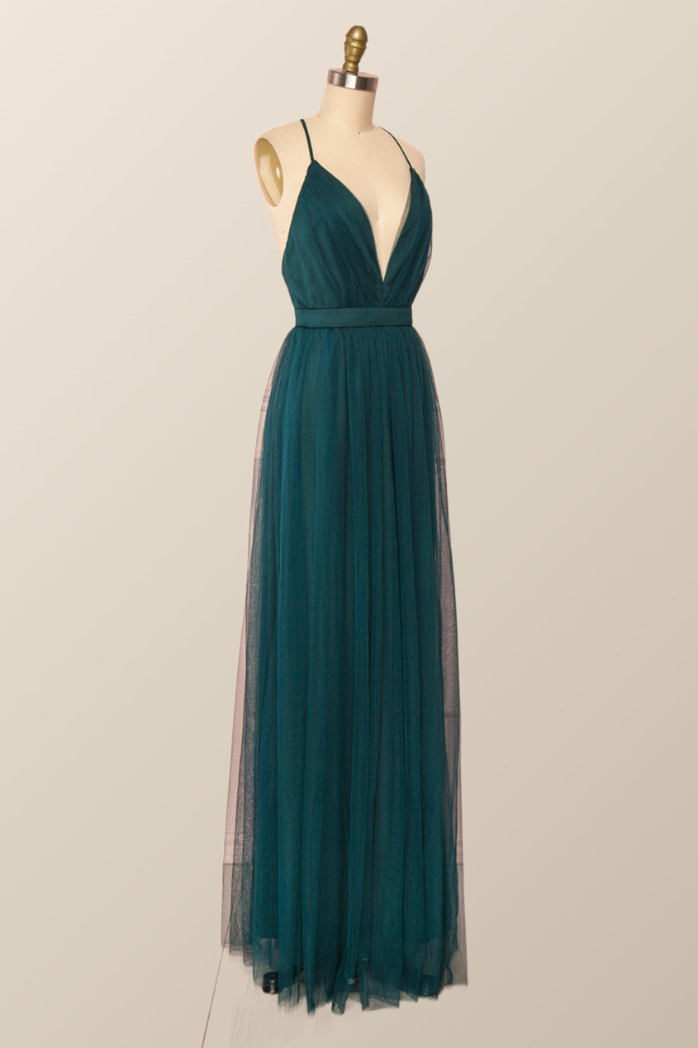 Plunge Pink Tulle A-line Long Formal Dresss