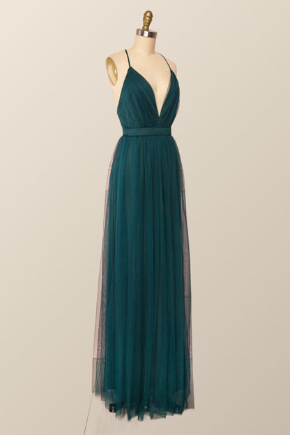 Plunge Pink Tulle A-line Long Formal Dresss