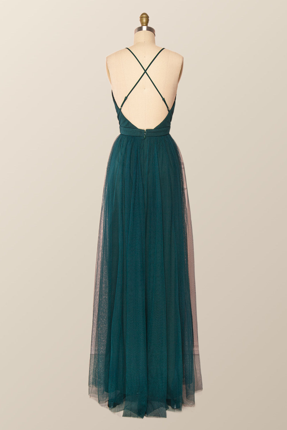 Plunge Pink Tulle A-line Long Formal Dresss