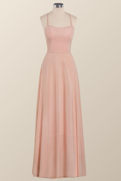 Princess Pink Straps Chiffon A-line Long Bridesmaid Dress