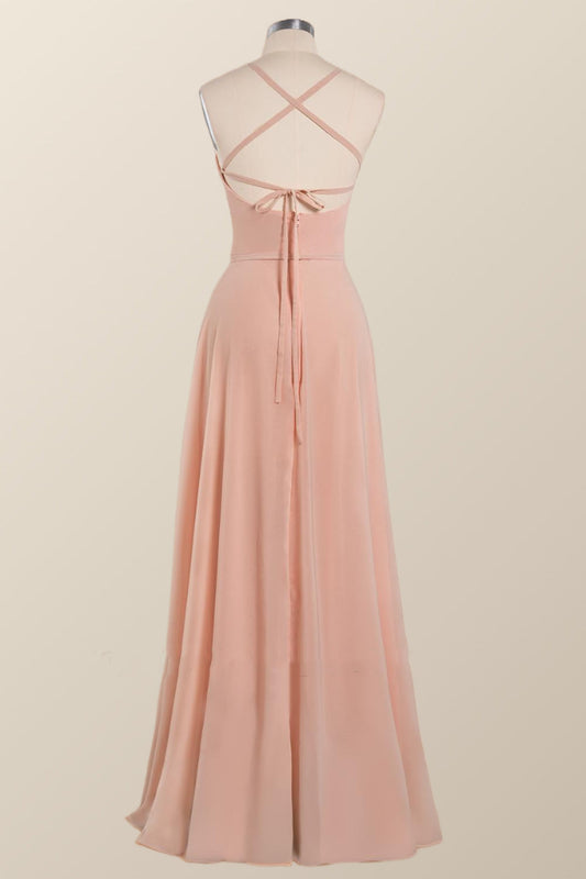 Princess Pink Straps Chiffon A-line Long Bridesmaid Dress