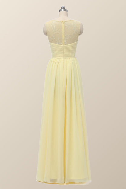 Scoop Yellow Chiffon Pleated Long Bridesmaid Dress