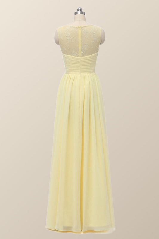 Scoop Yellow Chiffon Pleated Long Bridesmaid Dress