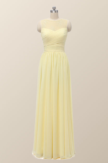 Scoop Yellow Chiffon Pleated Long Bridesmaid Dress