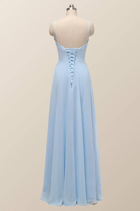 Straps Blue Empire Chiffon Long Bridesmaid Dress