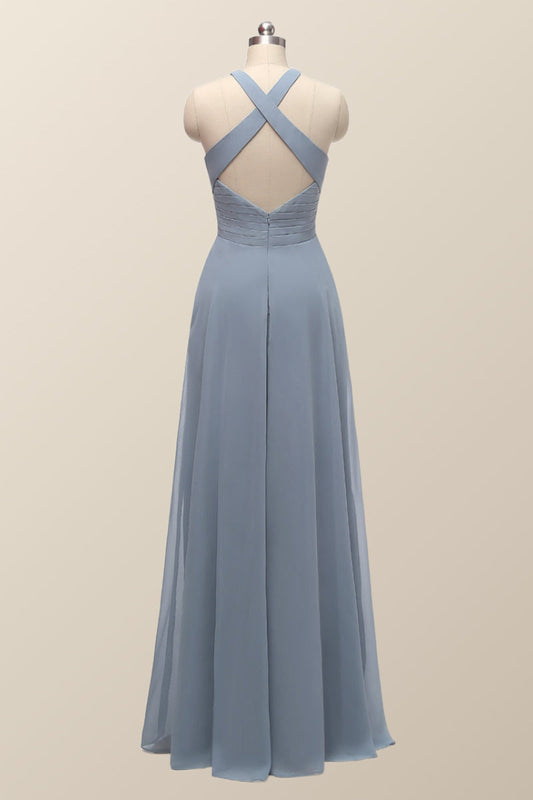 Halter Misty Blue Chiffon A-line Long Bridesmaid Dress