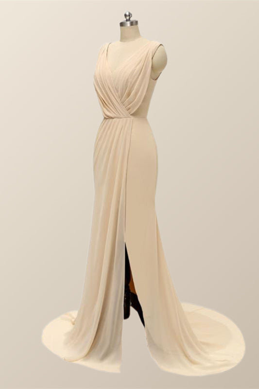 V Neck Blue Pleated Chiffon Long Bridesmaid Dress