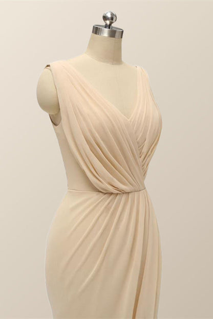 V Neck Blue Pleated Chiffon Long Bridesmaid Dress