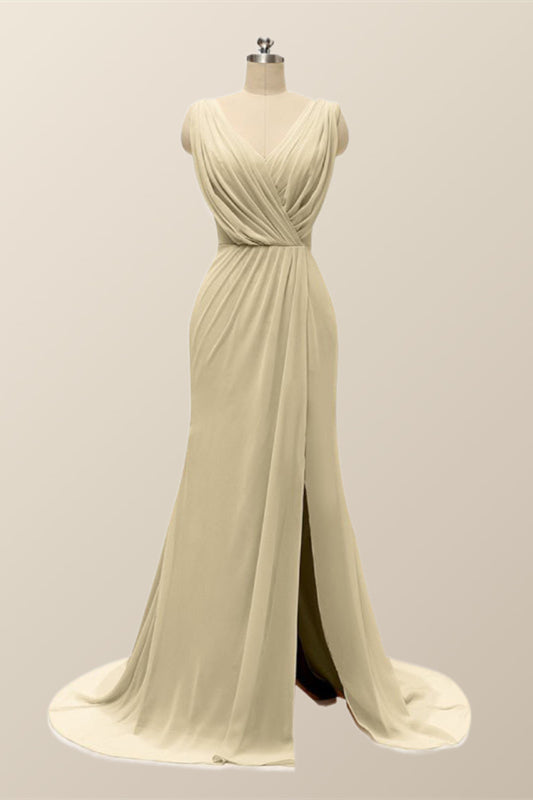 V Neck Blue Pleated Chiffon Long Bridesmaid Dress