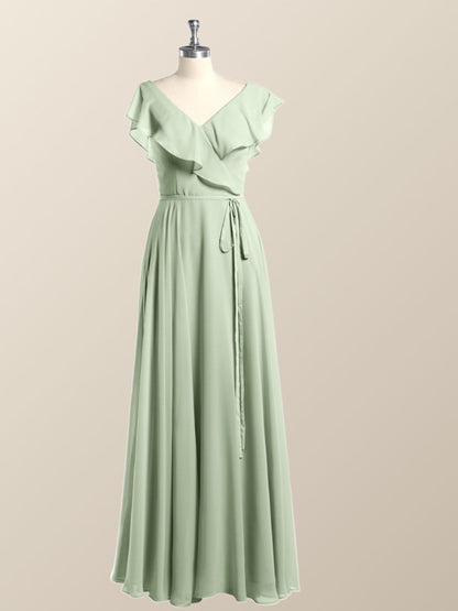 Ruffles V Neck Sage Green Chiffon Long Bridesmaid Dress