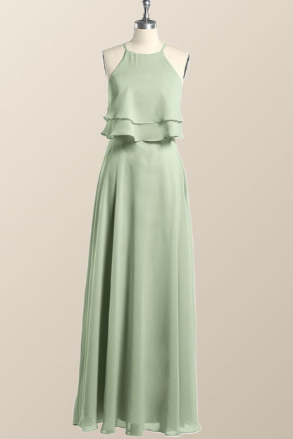 Sage Green Chiffon Ruffles Chiffon Long Bridesmaid Dress