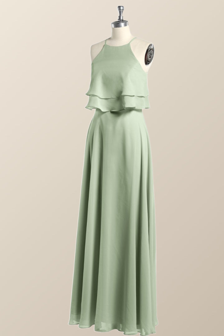Sage Green Chiffon Ruffles Chiffon Long Bridesmaid Dress