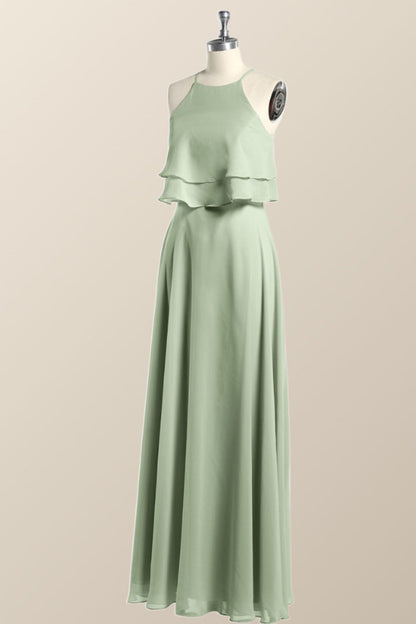 Sage Green Chiffon Ruffles Chiffon Long Bridesmaid Dress