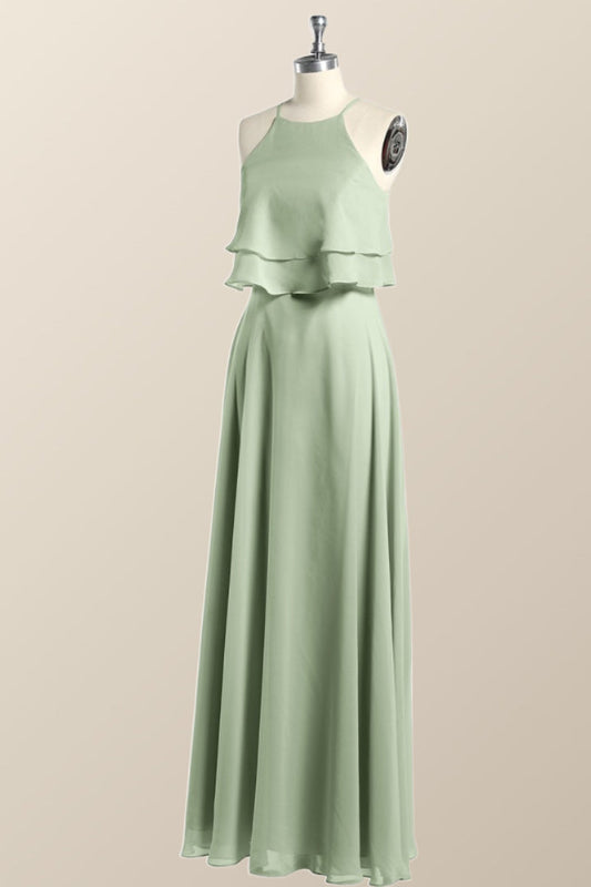 Sage Green Chiffon Ruffles Chiffon Long Bridesmaid Dress
