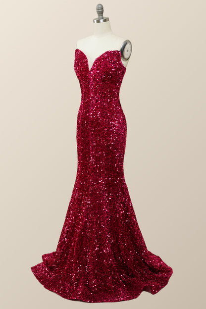 Strapless V Neck Fuchsia Sequin Mermaid Party Dress