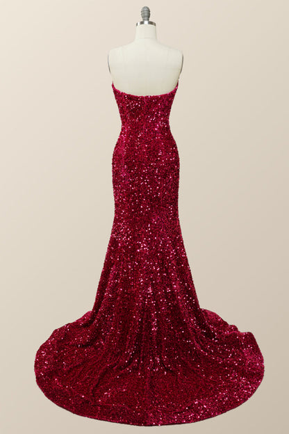 Strapless V Neck Fuchsia Sequin Mermaid Party Dress