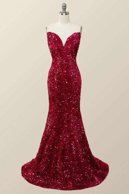 Strapless V Neck Fuchsia Sequin Mermaid Party Dress