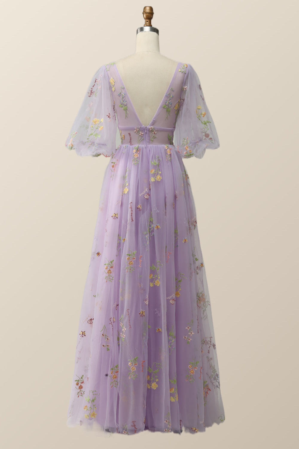 Puffy Sleeves Lavender Tulle Floral Embroidery Formal Dress