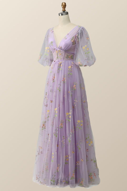 Puffy Sleeves Lavender Tulle Floral Embroidery Formal Dress